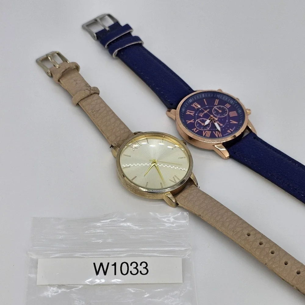 2X 40MM Women's Watch Gold Purple Dial Tan Purple Faux Leather Bands New Battery